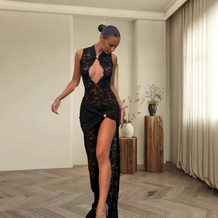 Damer Elegant spetsklänning med djup slits och raffinaderier Eva Jonsson-Eva Jonsson