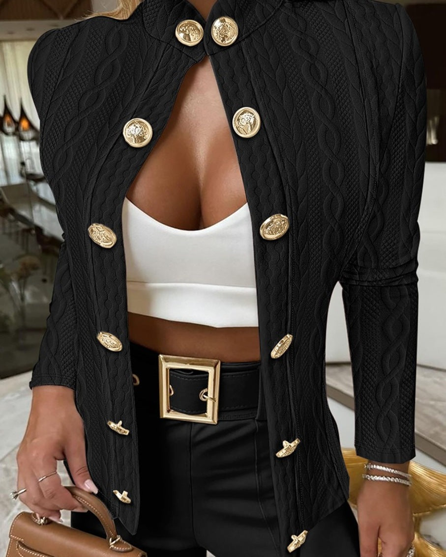 Damer Elegant stickad blazer med gyllene knappar och ståkrage Mirla-Eva Jonsson