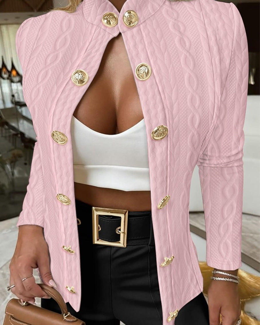 Damer Elegant stickad blazer med gyllene knappar och ståkrage Mirla-Eva Jonsson