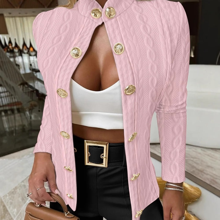 Damer Elegant stickad blazer med gyllene knappar och ståkrage Mirla-Eva Jonsson