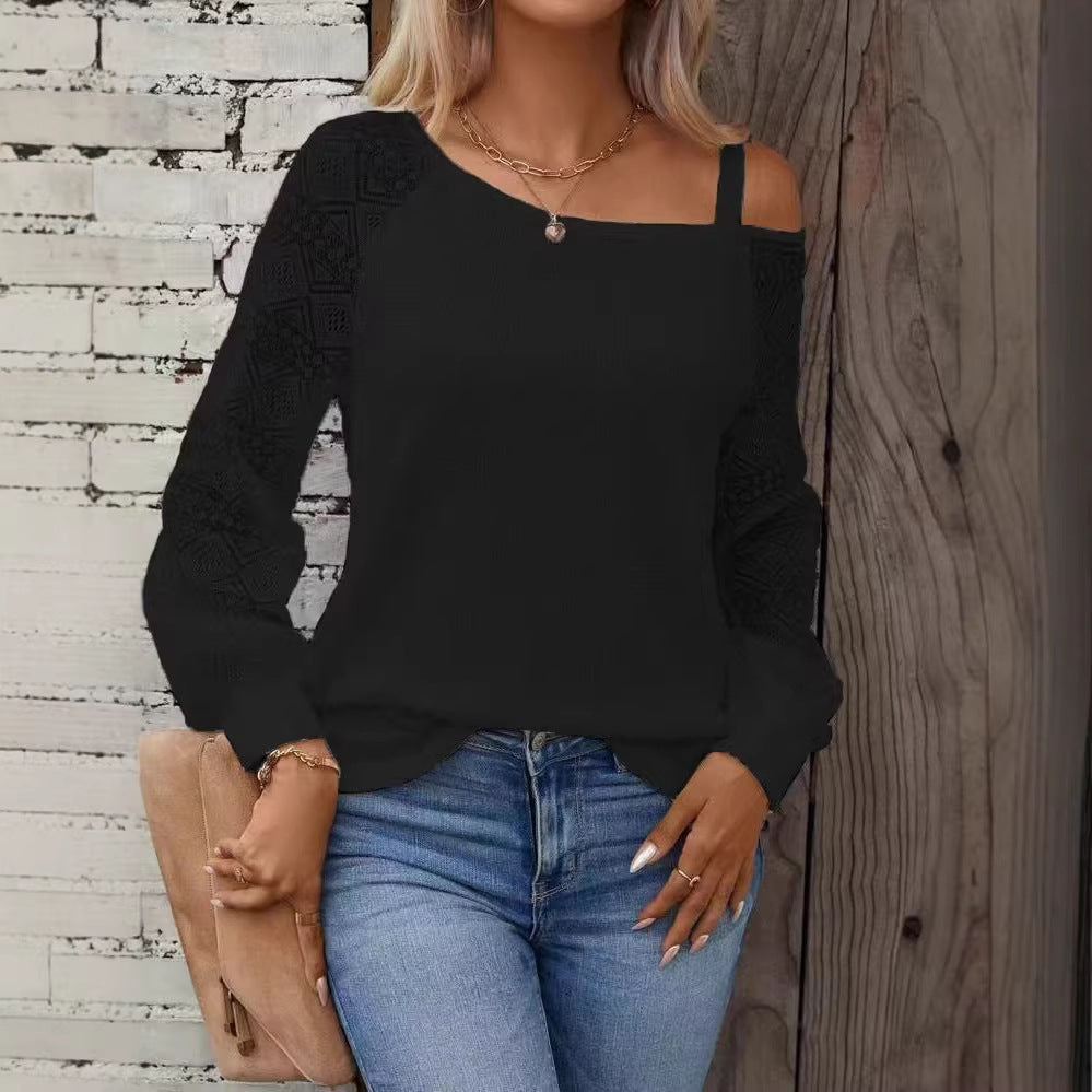 Damer Elegant stickad topp med asymmetrisk halsringning och dekorerade ärmar Mirla-Eva Jonsson