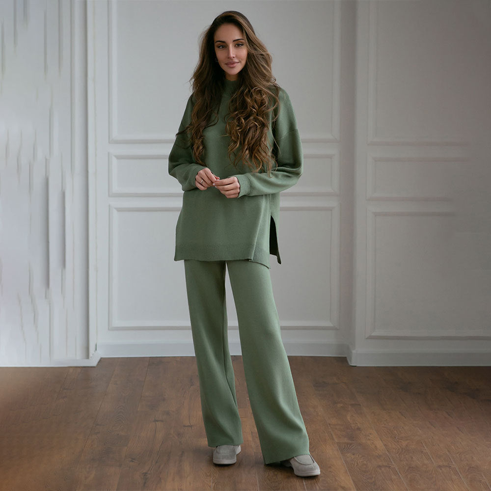 Damer Elegant stickensemble med hög krage tröja och vida byxor Mirla-Eva Jonsson