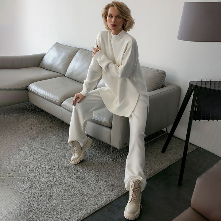 Damer Elegant stickensemble med hög krage tröja och vida byxor Mirla-Eva Jonsson