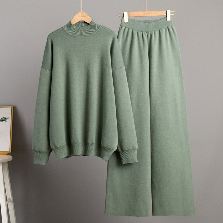 Damer Elegant stickensemble med hög krage tröja och vida byxor Mirla-Eva Jonsson
