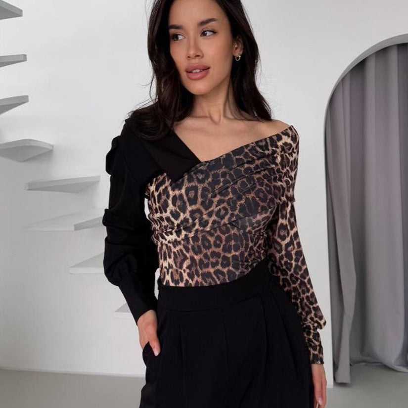 Damer Elegant topp med asymmetrisk leopardtryck och snygg krage Eva Jonsson-Eva Jonsson