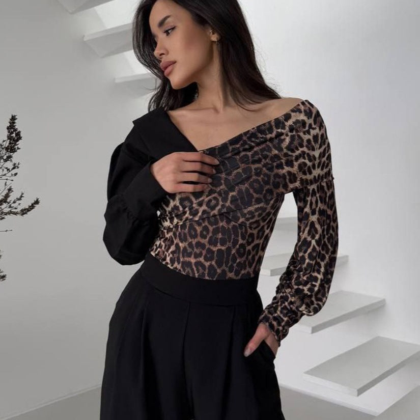 Damer Elegant topp med asymmetrisk leopardtryck och snygg krage Eva Jonsson-Eva Jonsson