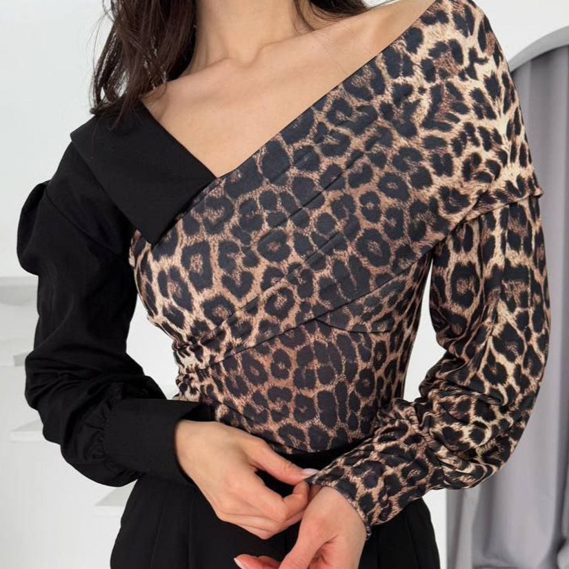 Damer Elegant topp med asymmetrisk leopardtryck och snygg krage Eva Jonsson-Eva Jonsson