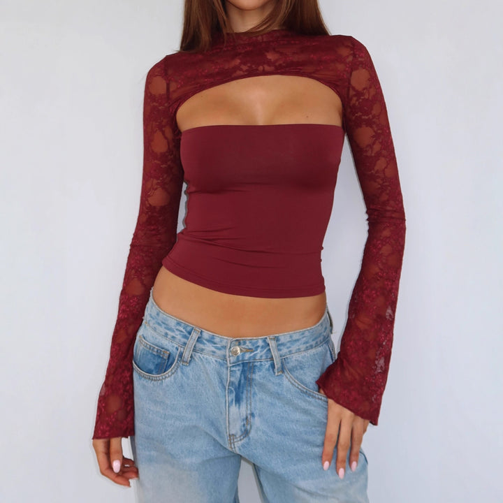 Damer Elegant topp med transparenta ärmar och högkvalitativ spets Mirla-Eva Jonsson