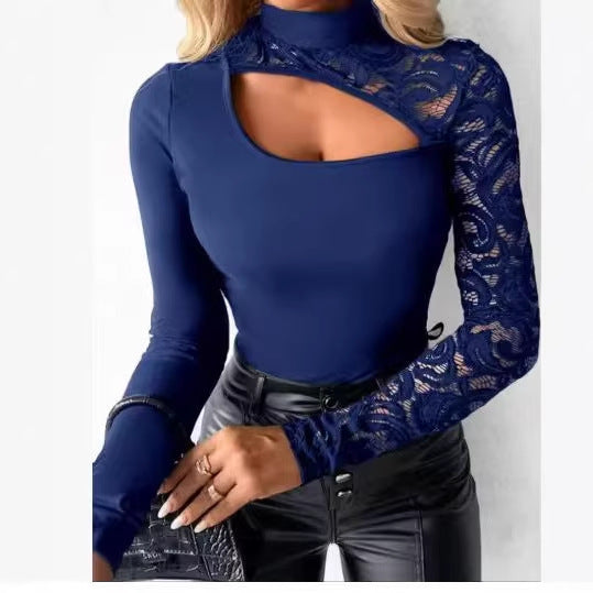 Damer Elegant topp med transparenta spetsärmar och asymmetrisk urringning Mirla-Eva Jonsson