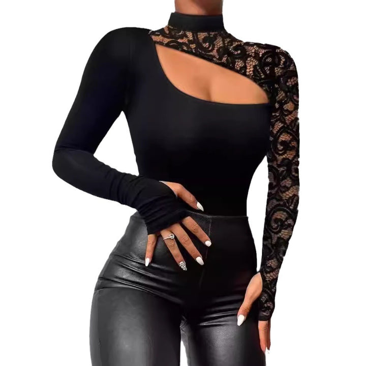 Damer Elegant topp med transparenta spetsärmar och asymmetrisk urringning Mirla-Eva Jonsson