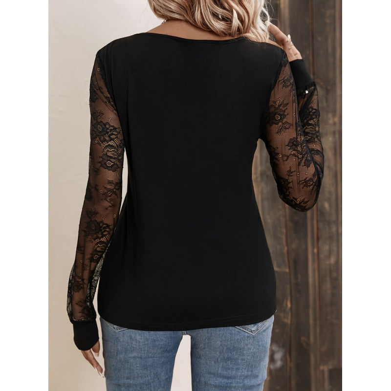 Damer Elegant topp med transparenta spetsärmar och djup V-ringning Mirla-Eva Jonsson