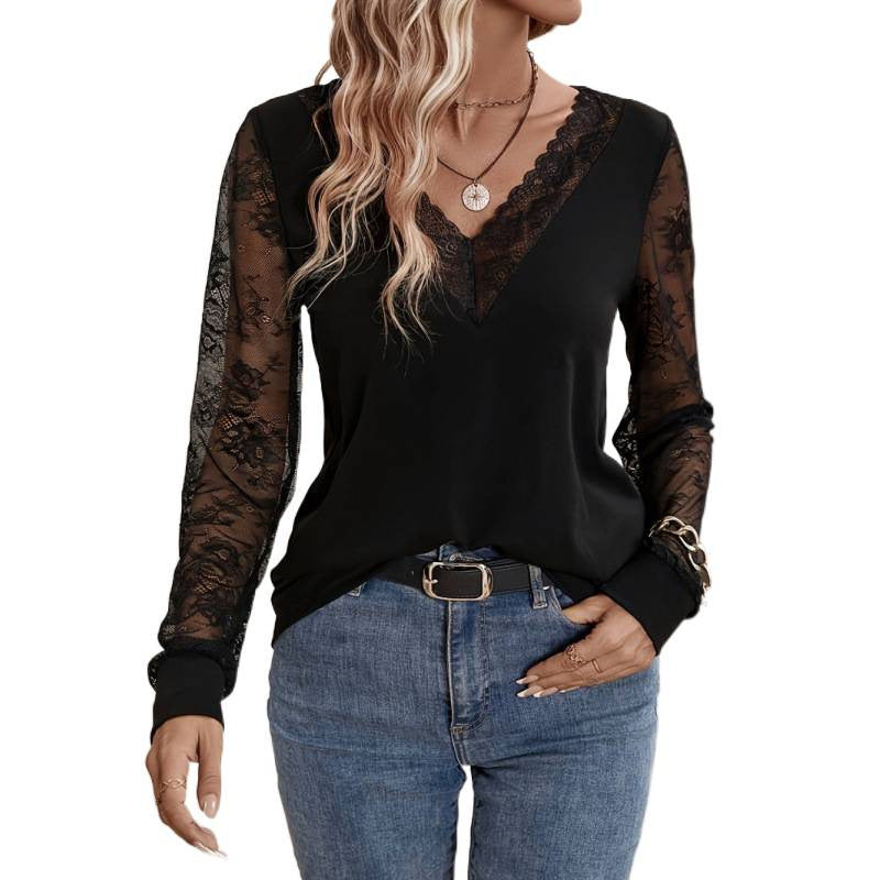 Damer Elegant topp med transparenta spetsärmar och djup V-ringning Mirla-Eva Jonsson