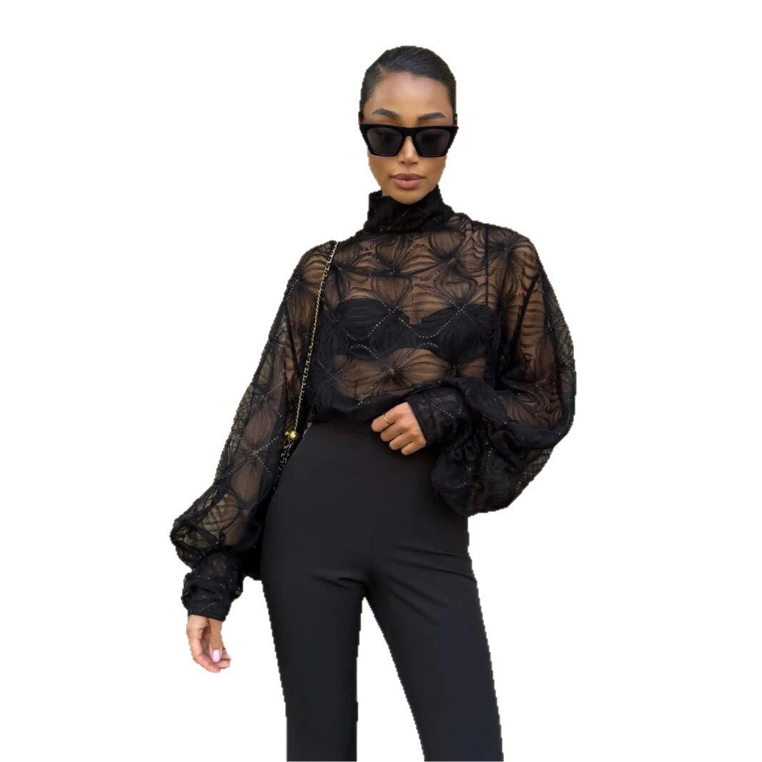 Damer Elegant transparent blus med strukturerad broderi Mirla-Eva Jonsson