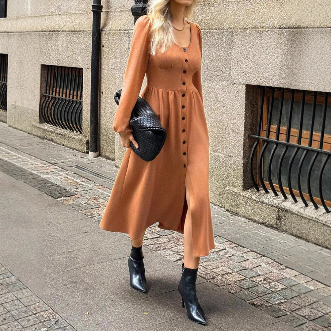 Damer Eleganta Midi-klänning med knapplist och puffärmar Mirla-Eva Jonsson