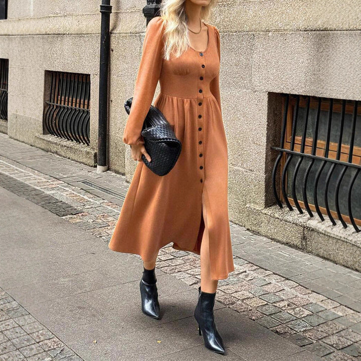 Damer Eleganta Midi-klänning med knapplist och puffärmar Mirla-Eva Jonsson