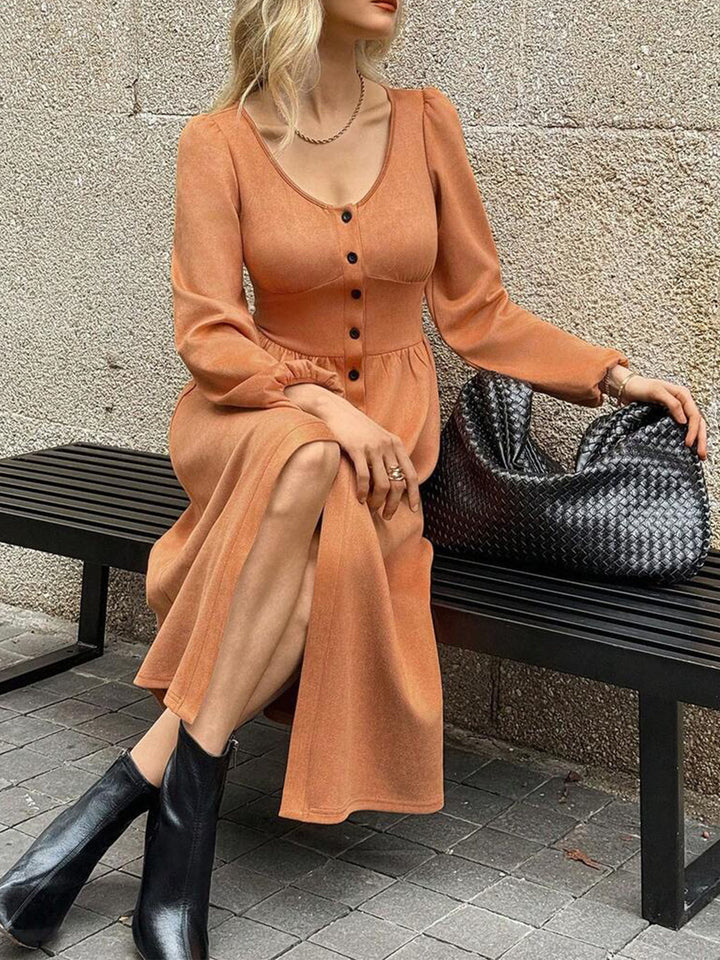 Damer Eleganta Midi-klänning med knapplist och puffärmar Mirla-Eva Jonsson