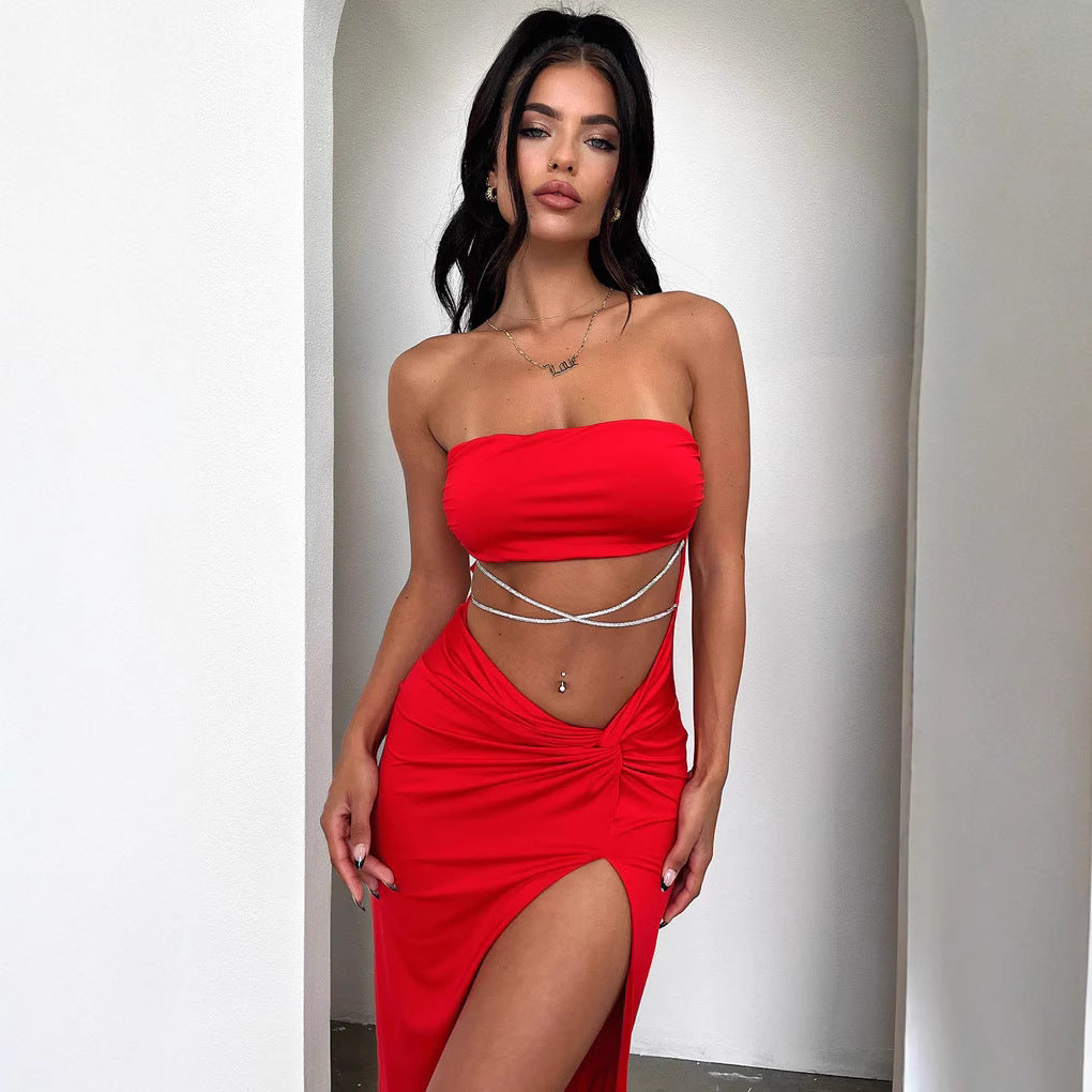 Damer Eleganta bandeau Maxiklänning med hög slits och glänsande detaljer Mirla-Eva Jonsson