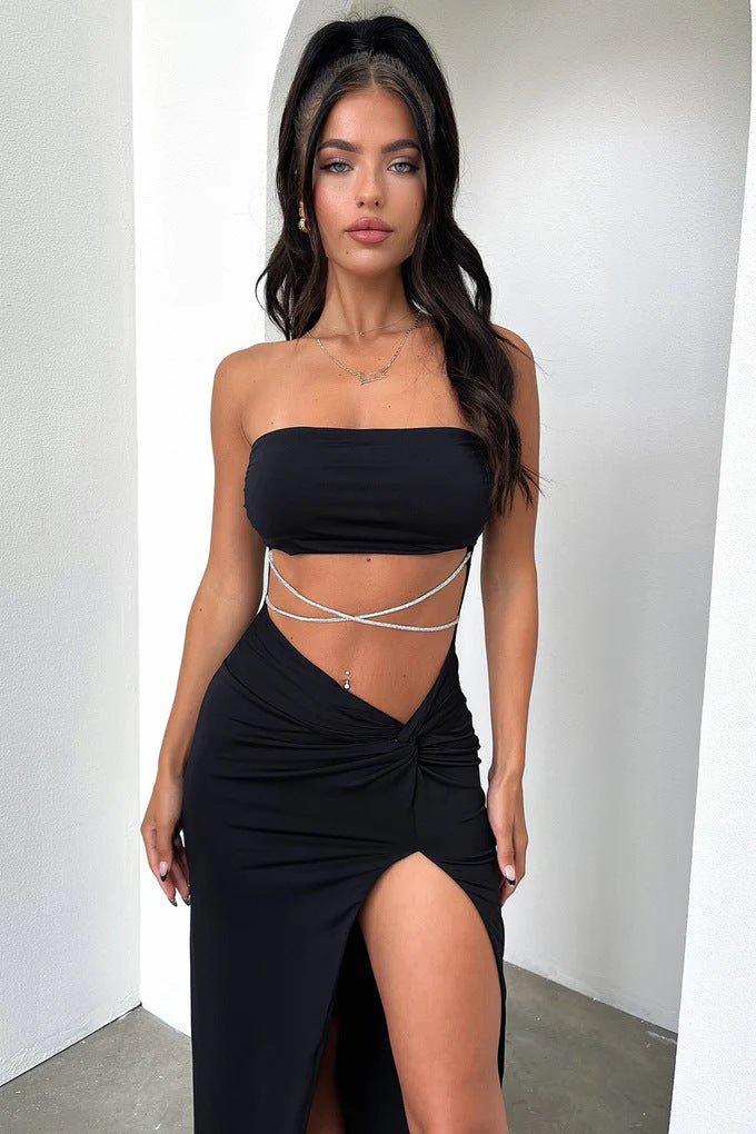 Damer Eleganta bandeau Maxiklänning med hög slits och glänsande detaljer Mirla-Eva Jonsson