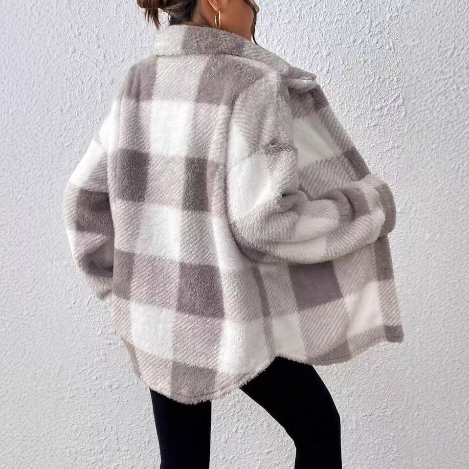 Damer Fashionabel Plyschjacka i Rutig Mönster Mirla-Eva Jonsson