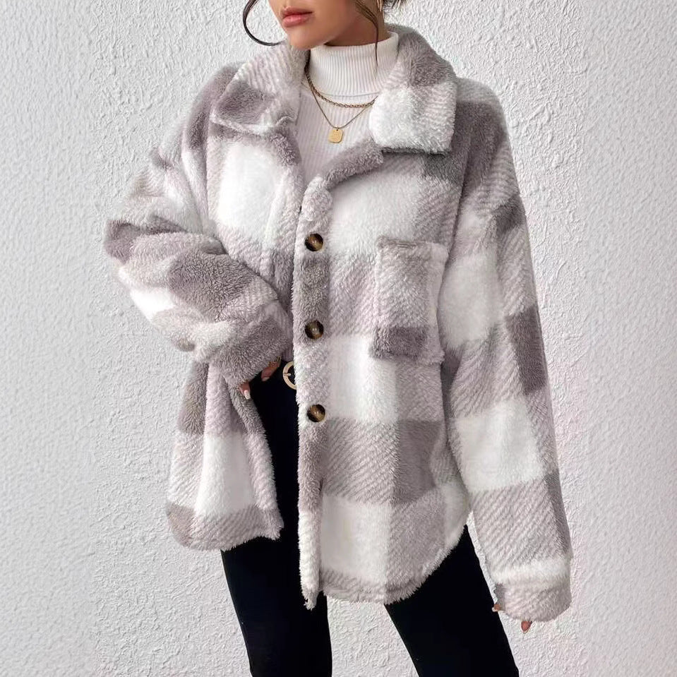 Damer Fashionabel Plyschjacka i Rutig Mönster Mirla-Eva Jonsson