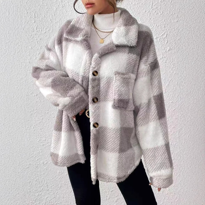 Damer Fashionabel Plyschjacka i Rutig Mönster Mirla-Eva Jonsson