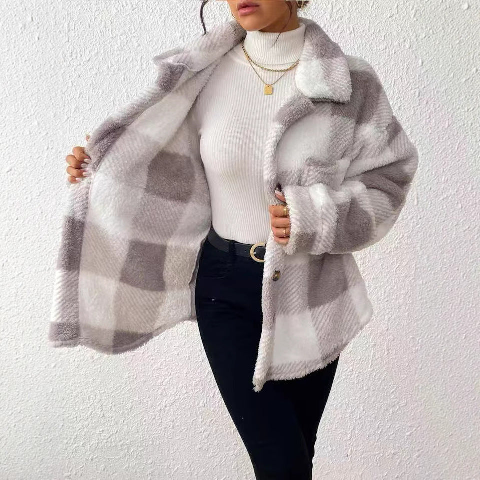 Damer Fashionabel Plyschjacka i Rutig Mönster Mirla-Eva Jonsson
