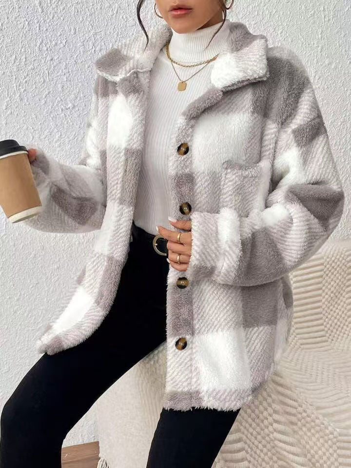 Damer Fashionabel Plyschjacka i Rutig Mönster Mirla-Eva Jonsson