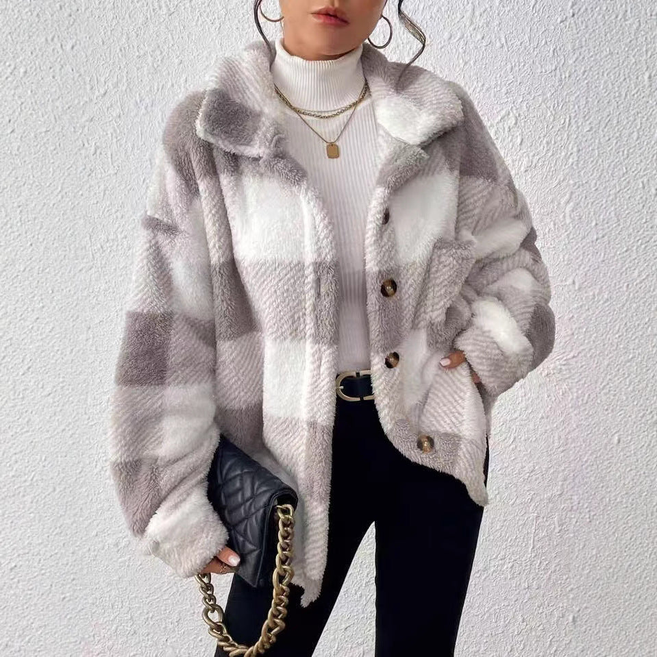 Damer Fashionabel Plyschjacka i Rutig Mönster Mirla-Eva Jonsson