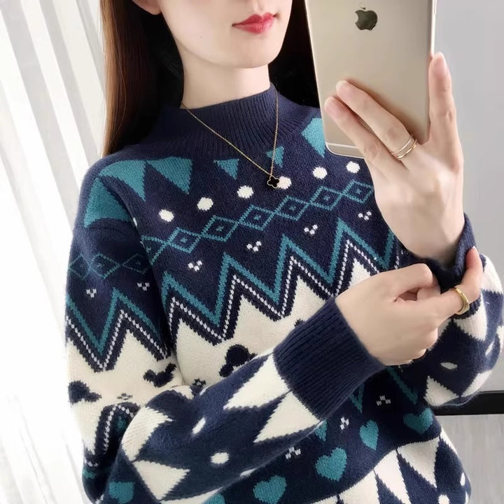Damer Festlig Stickad Tröja I Modern Juldesign med Geometriskt Mönster och Bekväm Rund Halsringning Mirla-Eva Jonsson