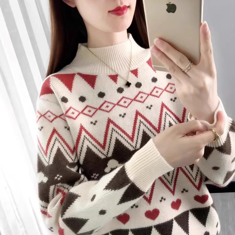 Damer Festlig Stickad Tröja I Modern Juldesign med Geometriskt Mönster och Bekväm Rund Halsringning Mirla-Eva Jonsson