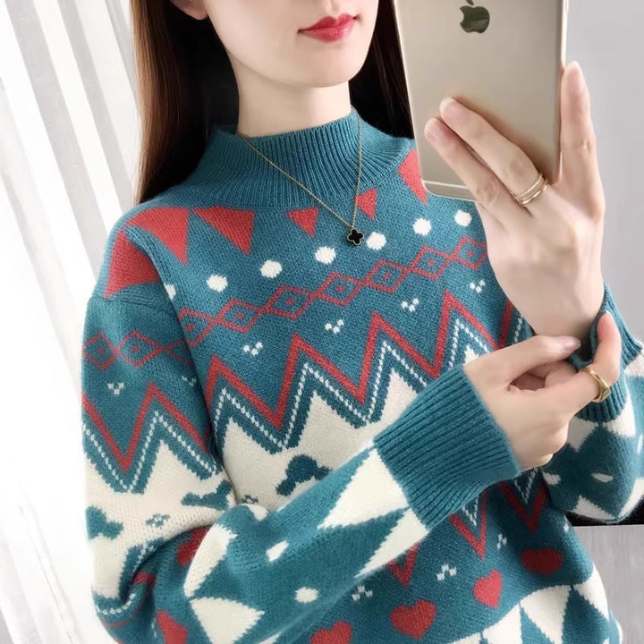 Damer Festlig Stickad Tröja I Modern Juldesign med Geometriskt Mönster och Bekväm Rund Halsringning Mirla-Eva Jonsson