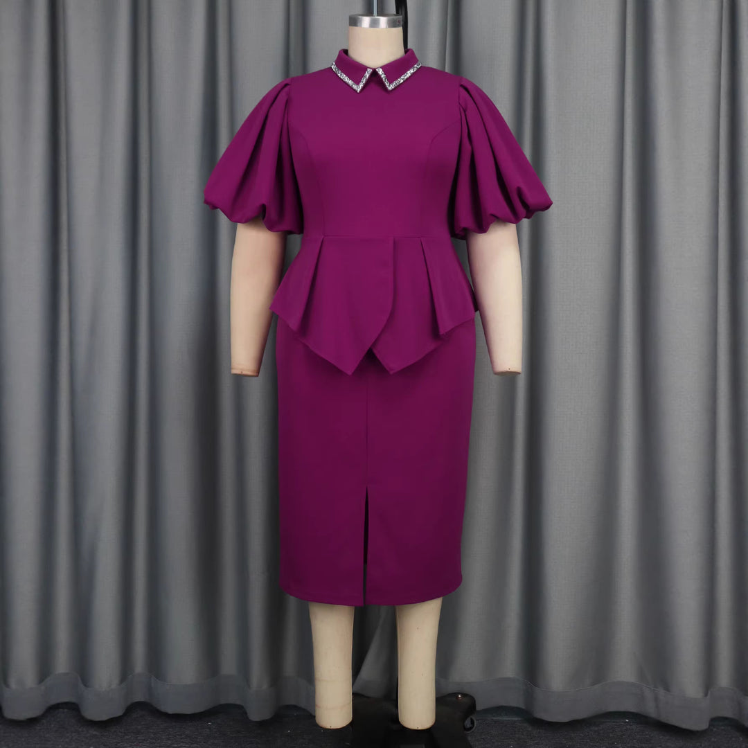 Damer Figursydd Peplum Klänning med Puffärmar och Glitterkrage Mirla-Eva Jonsson