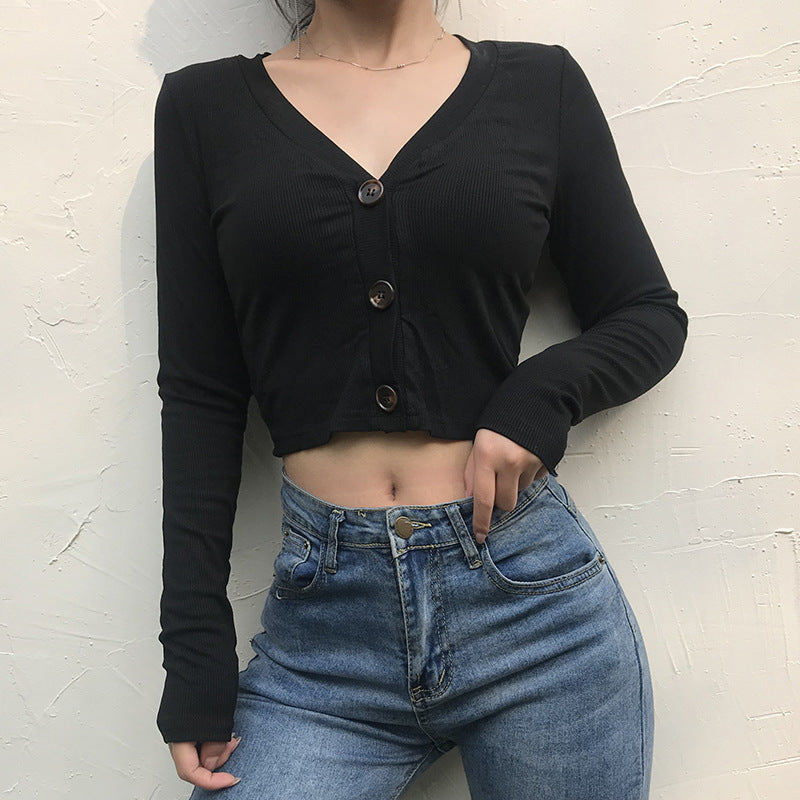Damer Figursydd långt ärmad crop-top med knapperdetaljer Eva Jonsson-Eva Jonsson