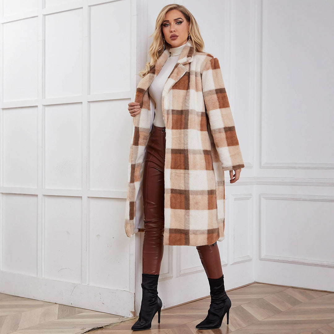 Damer Flaffsig Rutig Kappa med elegant Revers och praktiska Fickor Mirla-Eva Jonsson