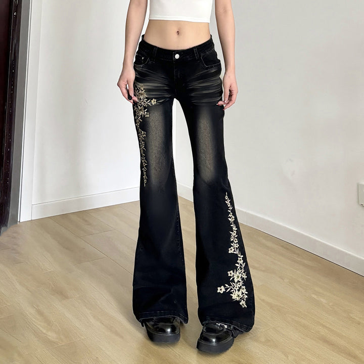 Damer Flared Jeans med elegant blommönsterbroderi Mirla-Eva Jonsson