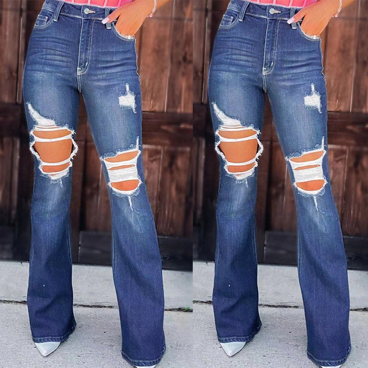Damer Flared Jeans med fashionabla förstörda effekter och hög midja Mirla-Eva Jonsson