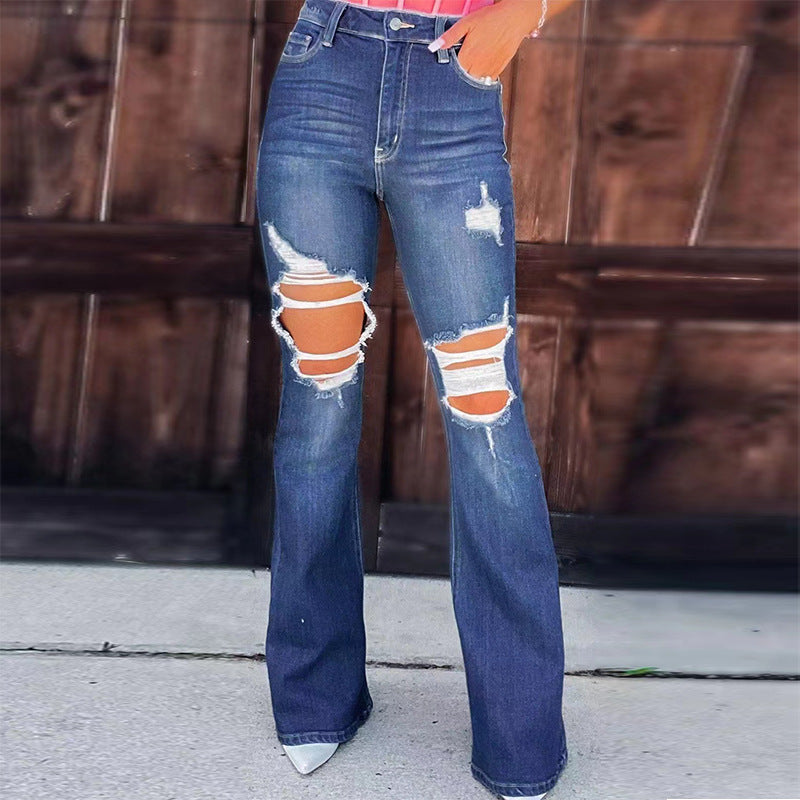 Damer Flared Jeans med fashionabla förstörda effekter och hög midja Mirla-Eva Jonsson