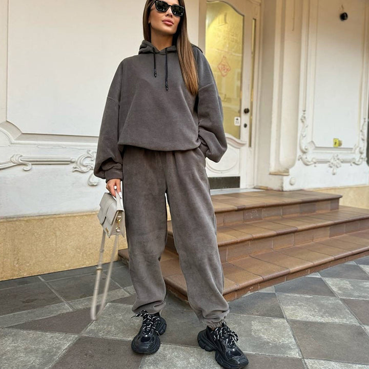 Damer Fleece Croppad Sweat Suit med Hög Krage och Elastisk Midja Mirla-Eva Jonsson