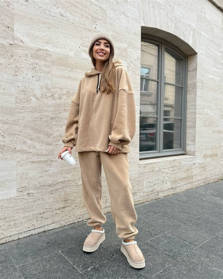 Damer Fleece Croppad Sweat Suit med Hög Krage och Elastisk Midja Mirla-Eva Jonsson