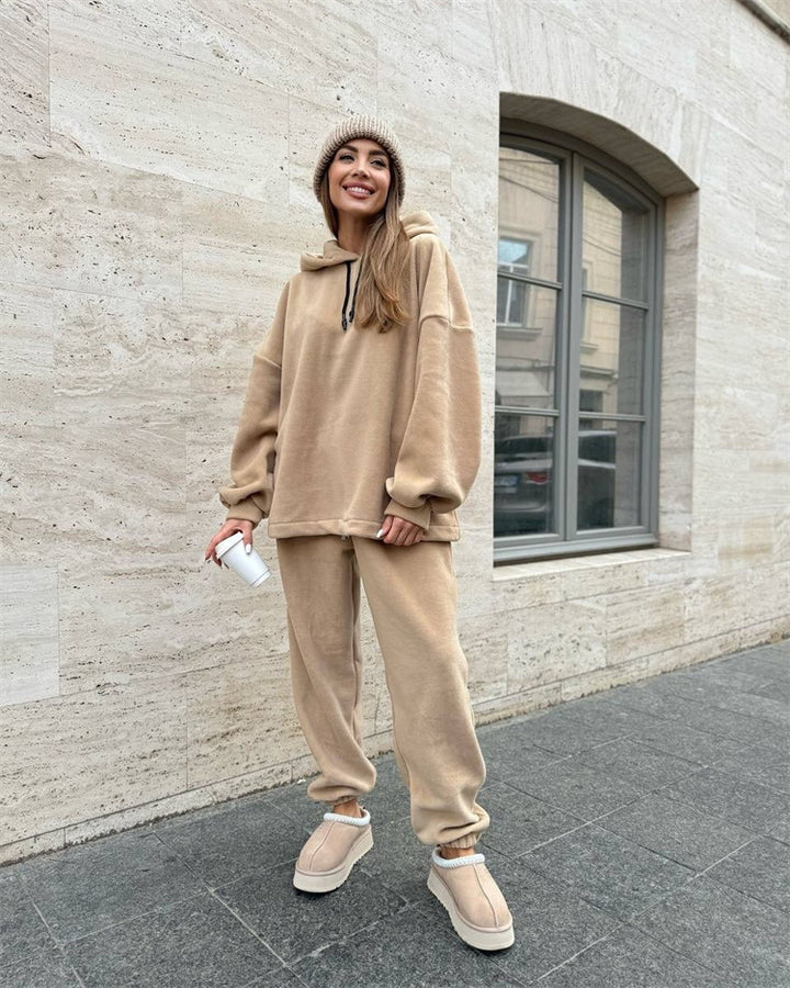 Damer Fleece Croppad Sweat Suit med Hög Krage och Elastisk Midja Mirla-Eva Jonsson
