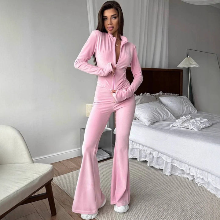 Damer Fleece Träningsdräkt med Elegant Dragkedja och Utsvängda Ben Mirla-Eva Jonsson