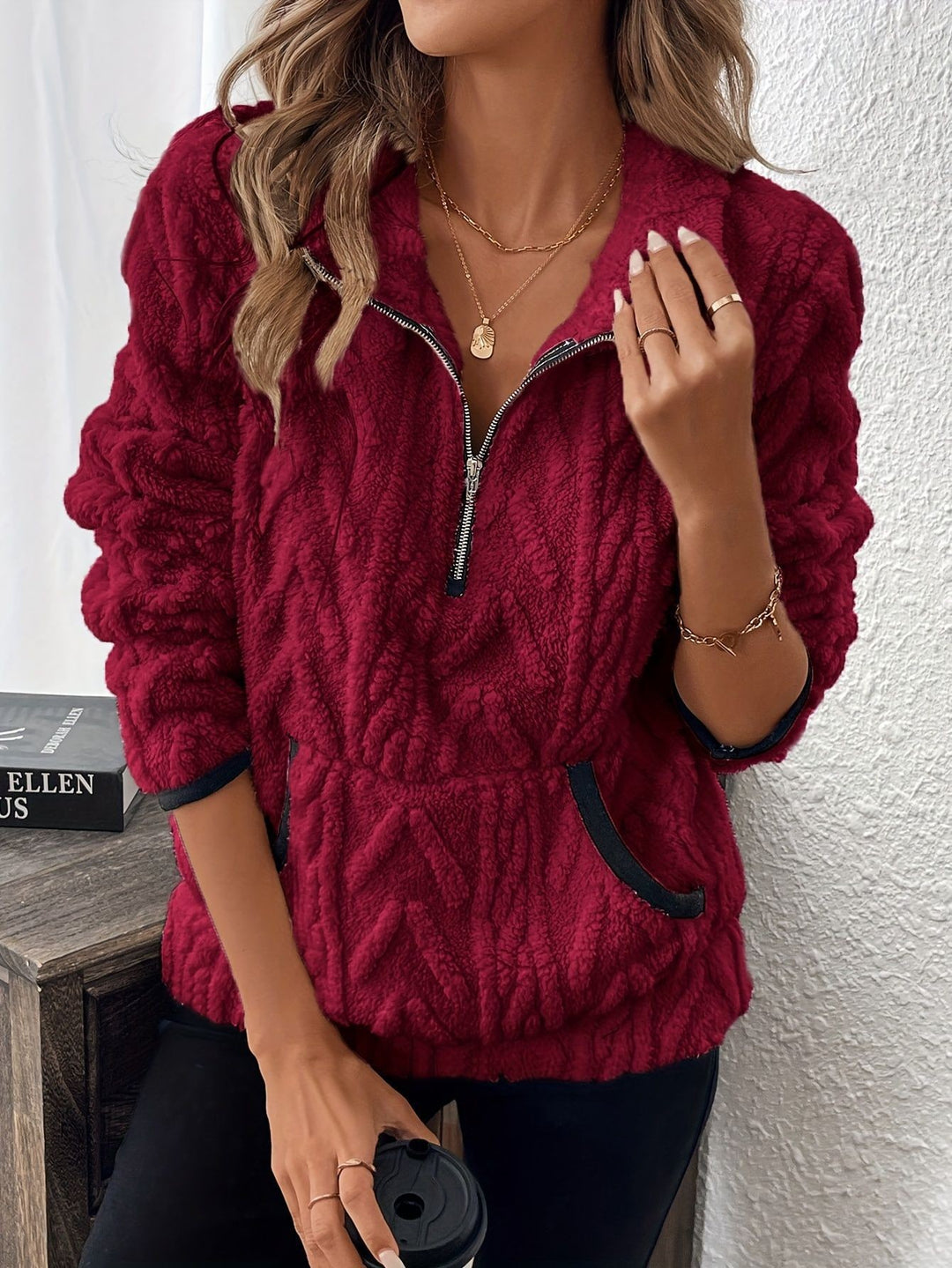 Damer Fleece-Tröja I Modern Stickdesign med Dragkedja Eva Jonsson-Eva Jonsson