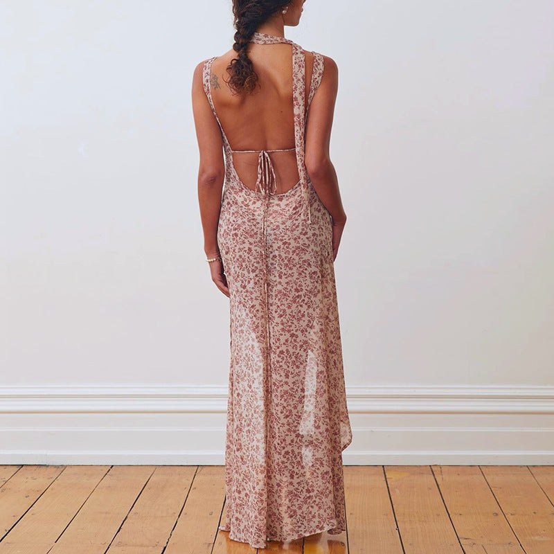 Damer Floral Maxi-Strandklänning med attraktiva slitsdetaljer och ryggband Mirla-Eva Jonsson