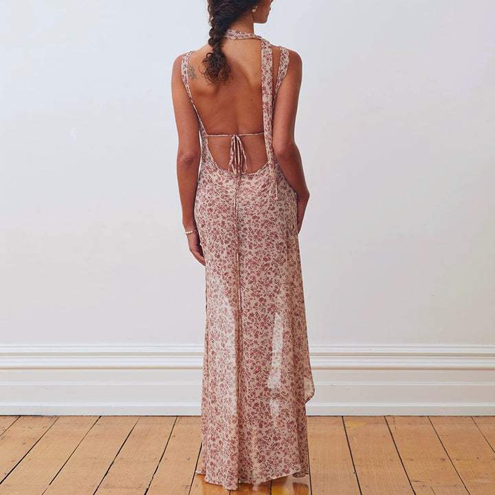 Damer Floral Maxi-Strandklänning med attraktiva slitsdetaljer och ryggband Mirla-Eva Jonsson