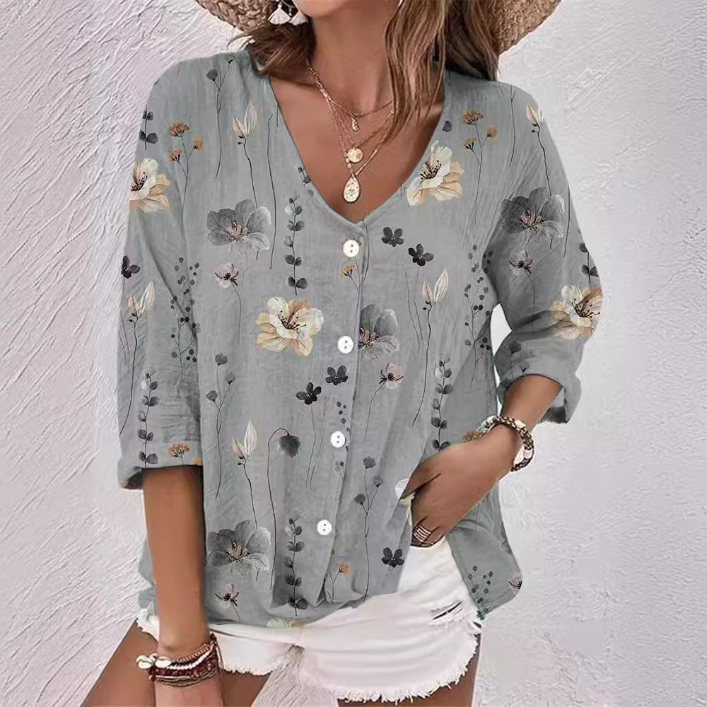 Damer Floral blommigt Button-Up Skjorta Mirla-Eva Jonsson