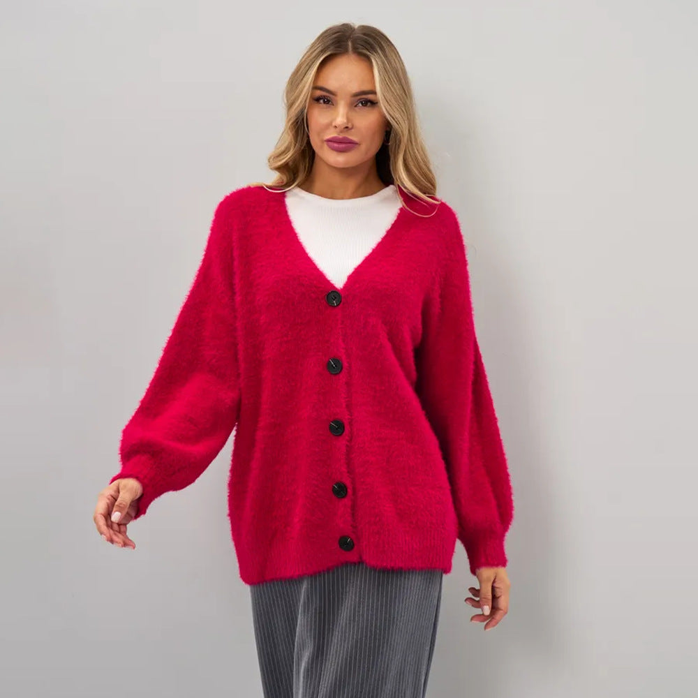 Damer Fluffy Cardigan med Djup V-Hals och Knappar Detaljer Mirla-Eva Jonsson