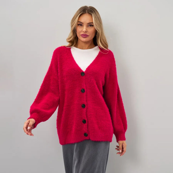 Damer Fluffy Cardigan med Djup V-Hals och Knappar Detaljer Mirla-Eva Jonsson