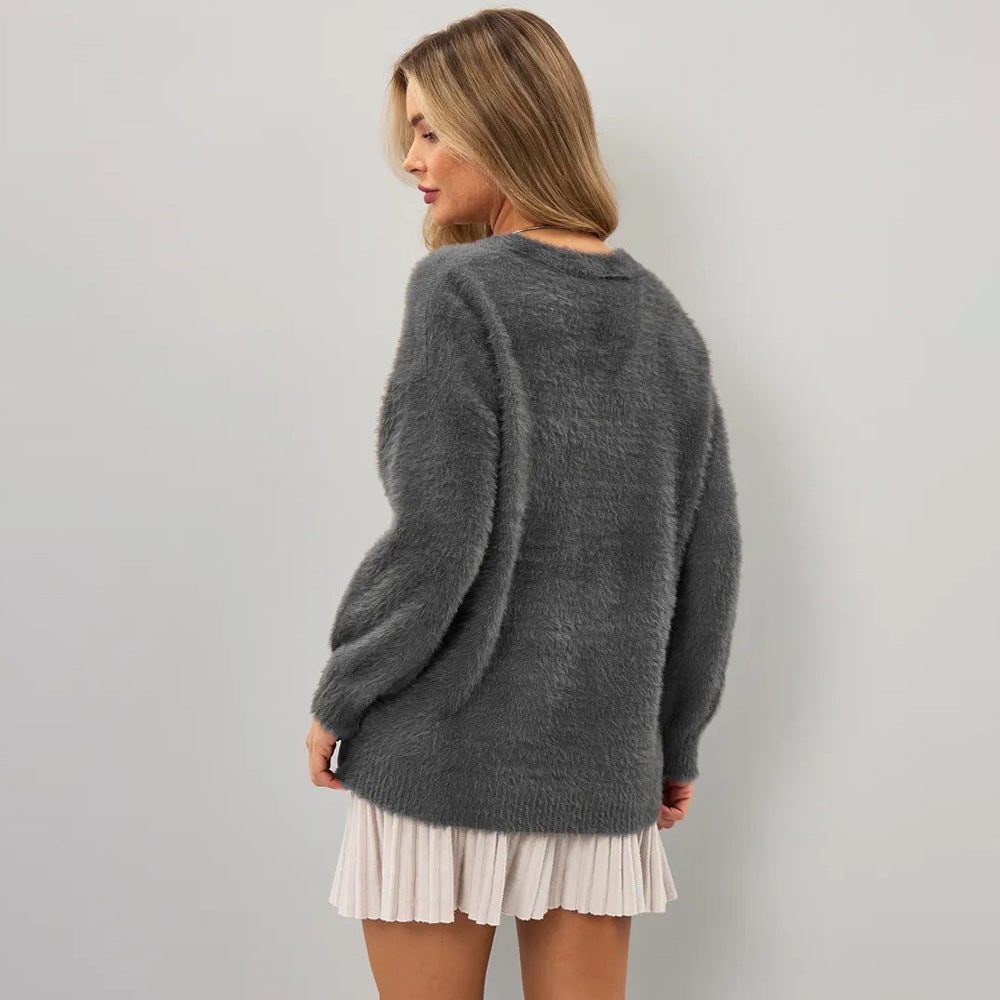 Damer Fluffy Cardigan med Djup V-Hals och Knappar Detaljer Mirla-Eva Jonsson
