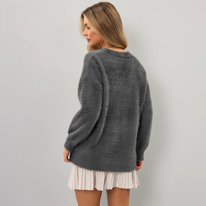 Damer Fluffy Cardigan med Djup V-Hals och Knappar Detaljer Mirla-Eva Jonsson