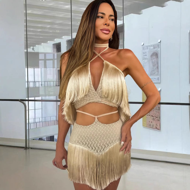 Damer Fransen Miniklänning med cleavage och skärddetaljer Eva Jonsson-Eva Jonsson